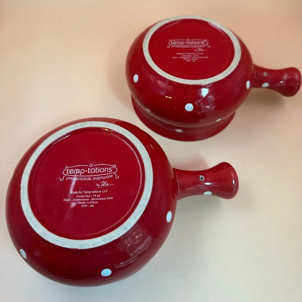 Temp-Tations By Tara Polka Dot Red 18oz Soup Crocks Bowls With Handles Set of 2